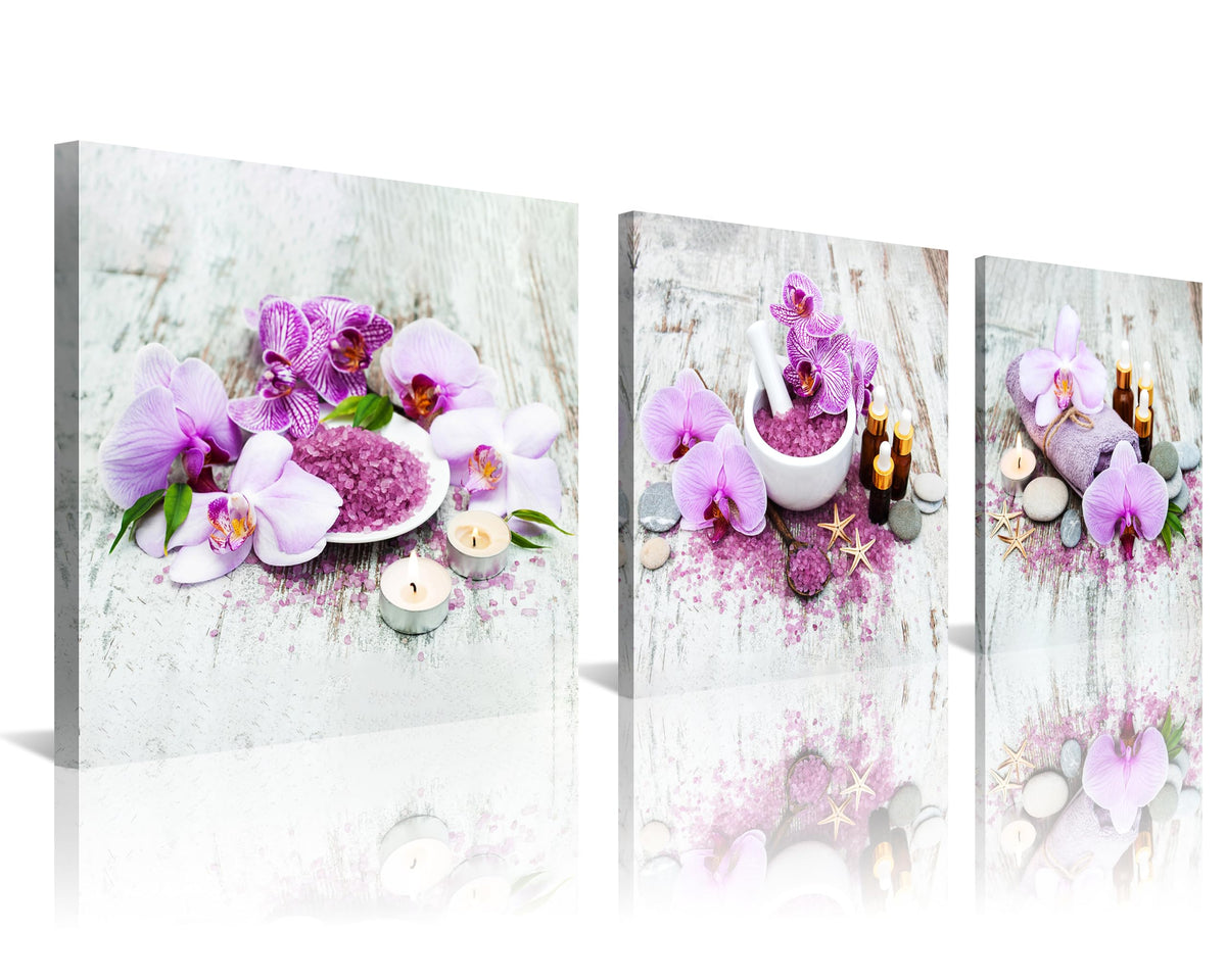 3Pcs Purple Zen Orchid Flowers Lavender Spa Canvas Prints Art Zen Floral Wall Art Aromatherapy Bath Salts Decor for Home Purple Ready to Hang Canvas Art for Relaxation Wellness Spaces (16X16inchX3pcs / Spa&Orchid)