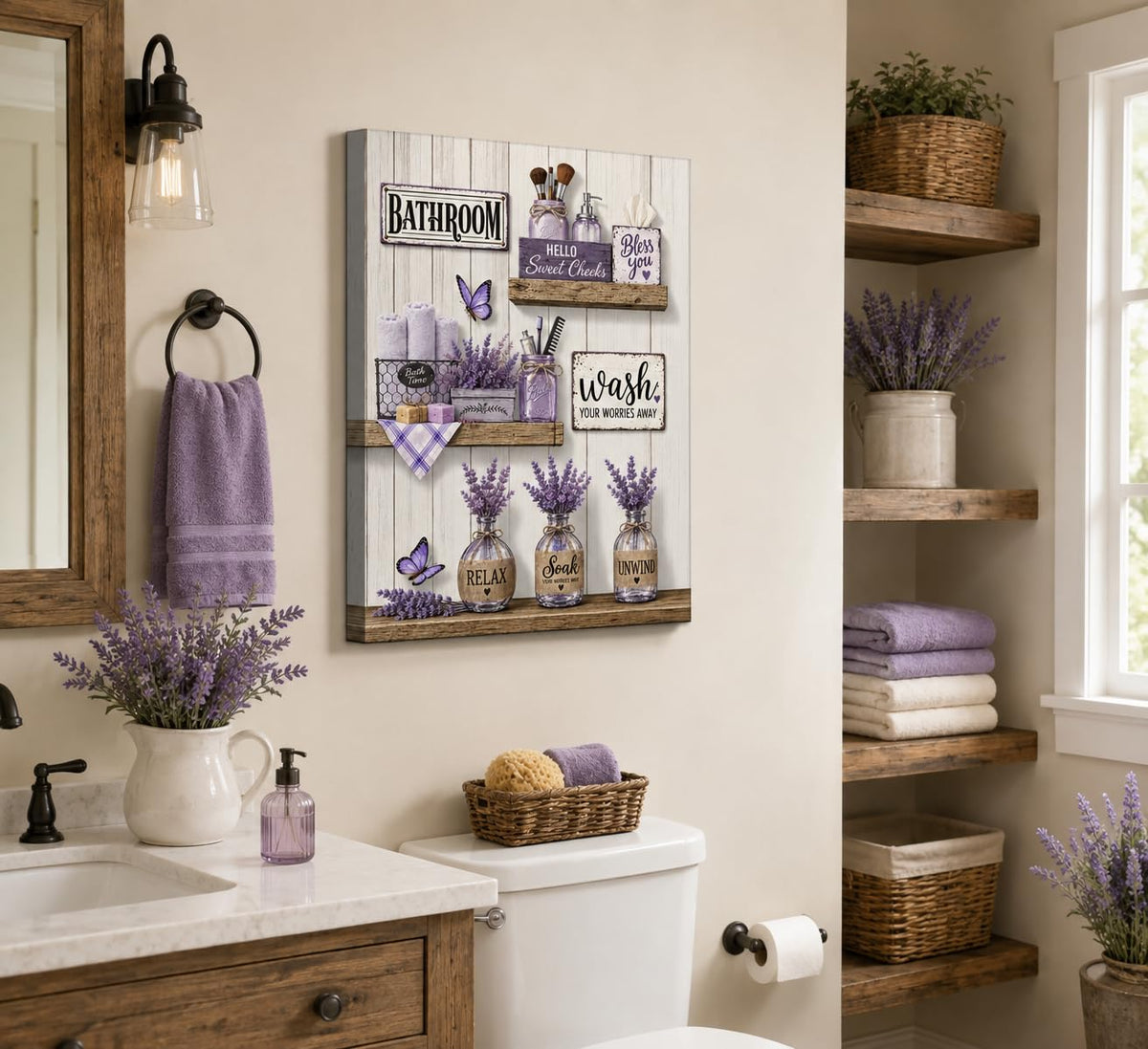 Purple Bathroom Canvas Wall Art 16x24Inches (Purple Canvas / 24"L x 16"W)