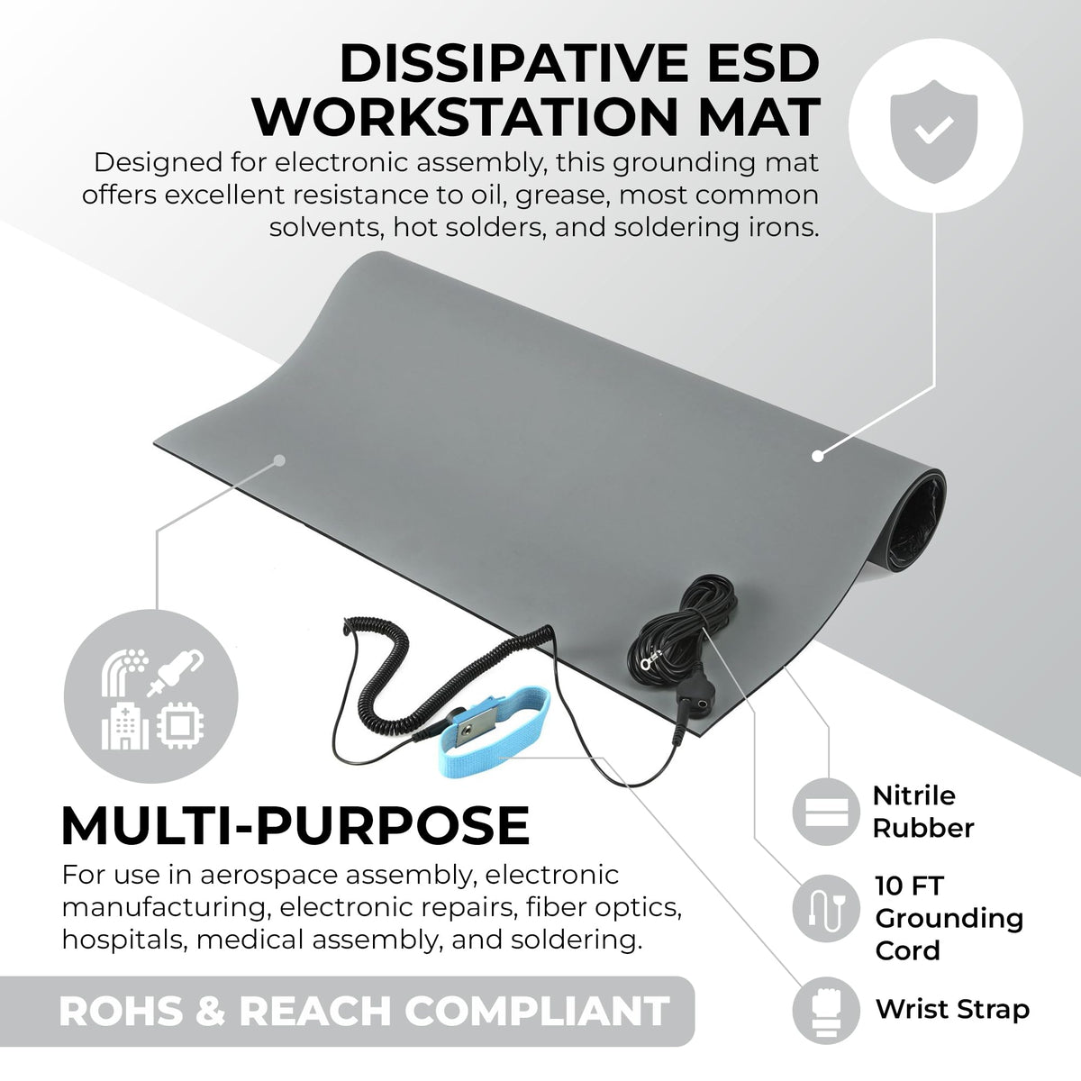MWRF ESD Mat Kit with Wrist Strap and Grounding Cord (20 Inches x 24 Inches / Grey)