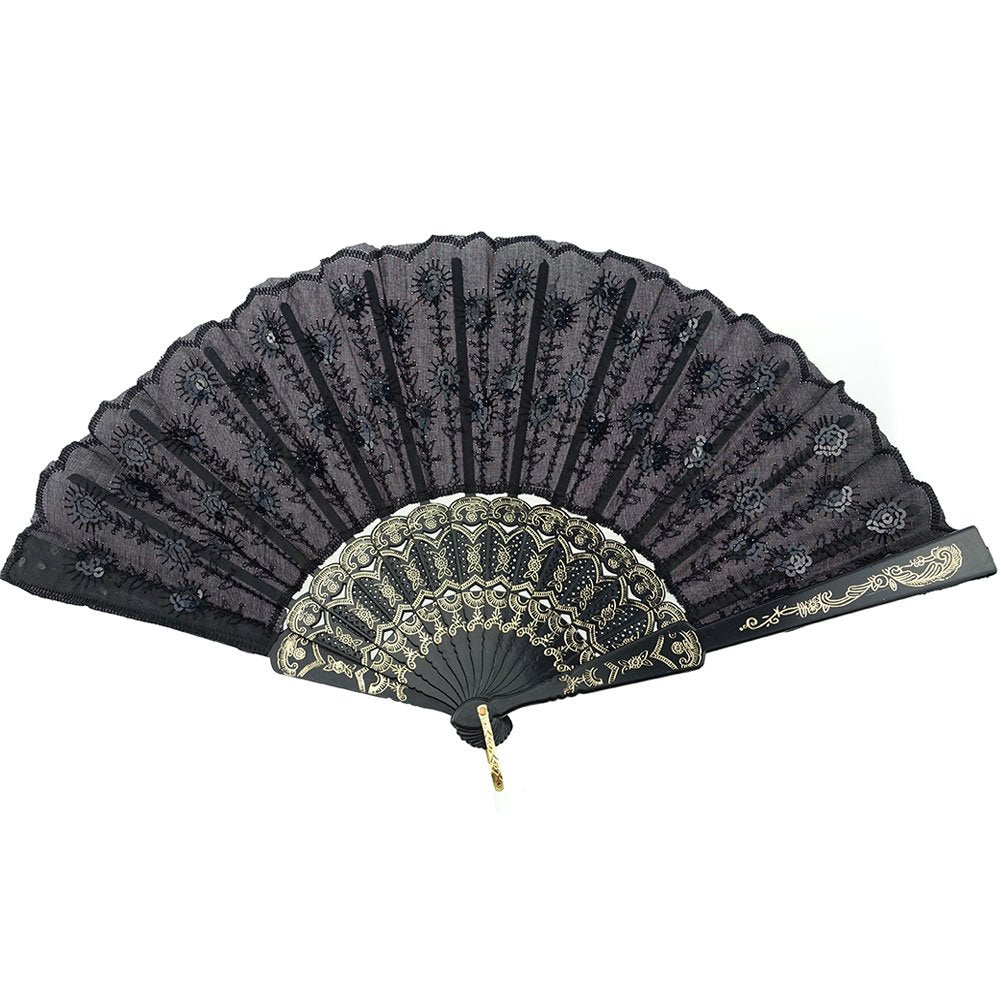Elegant Colorful Embroidered Flower Peacock Pattern Sequin Fabric Folding Handheld Hand Fan Hand (10pcs Mixed Colors)