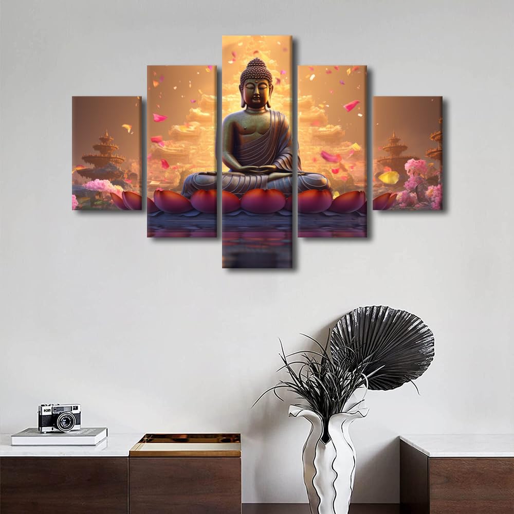 Buddha Canvas Wall Art Modern Home Canvas Poster Artwork 5 Panel Religious Painting Buddha Statue Lotuses in the Water Picture for Living Room Office Wall Decor Stretched Ready to Hang 60x40 in (60x40 in / 5PANEL-08)