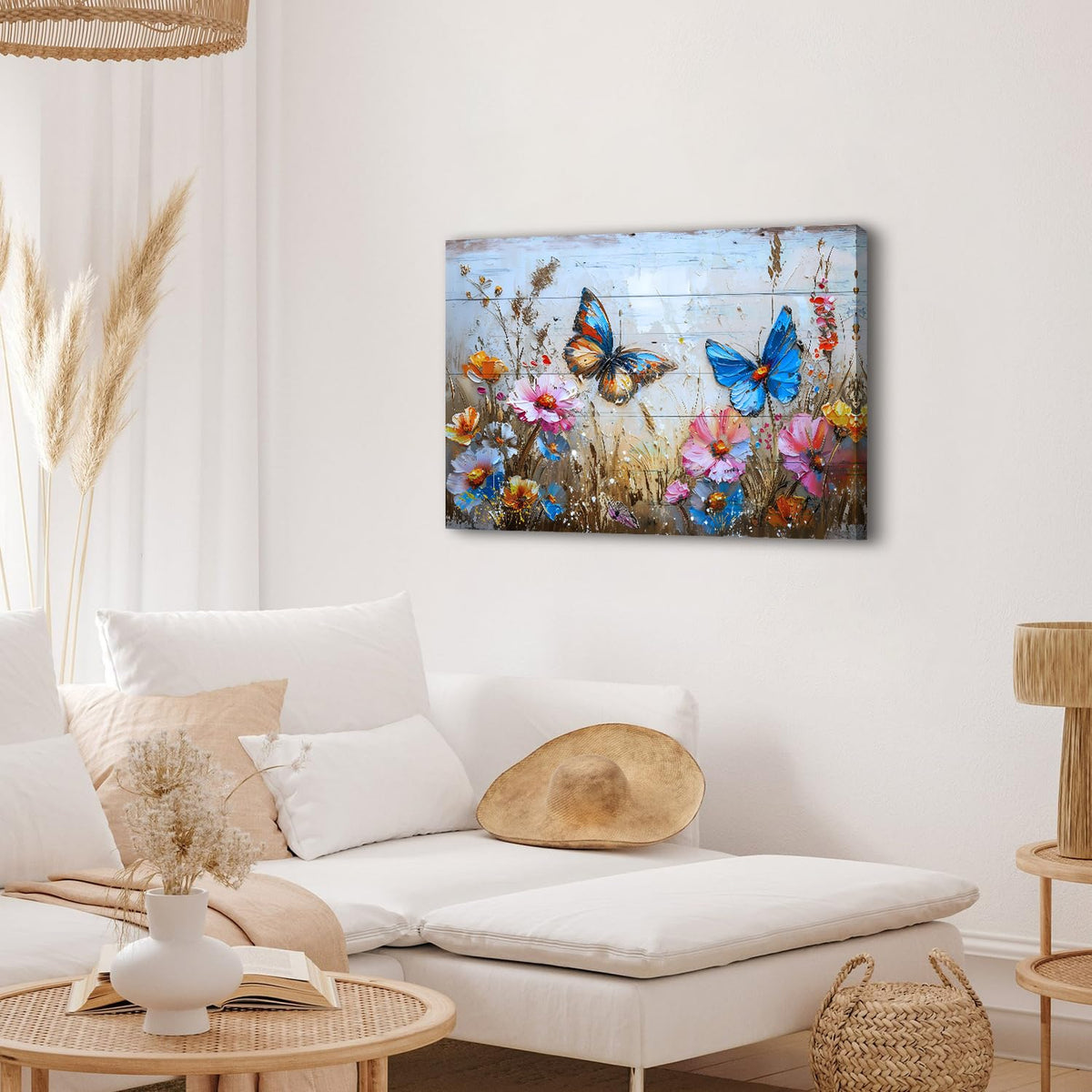Wildflower Canvas Wall Art Butterfly Picture Wall Decor Rustic Floral Prints Poster Colorful Flowers Painting Abstract Nature Floral Landscape Artwork for Kitchen Living Room Home Decoration 24x36" (36"L x 24"W / Butterfly)