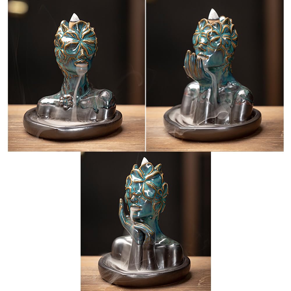 Flower Masked Half Face of Women in Hands Statue Backflow Incense Holder (Women B)