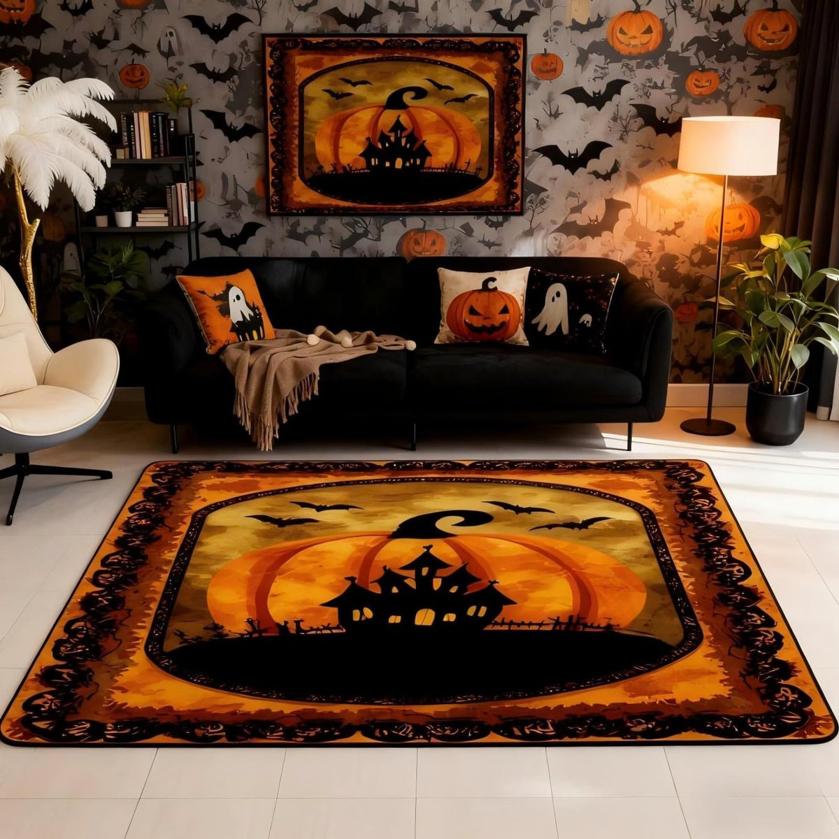 Halloween Pumpkin 3 x 5 Area Rug Spooky Haunted House Rugs for Living Room (Orange Black / 3'3" x 4'11" (Rectangular))