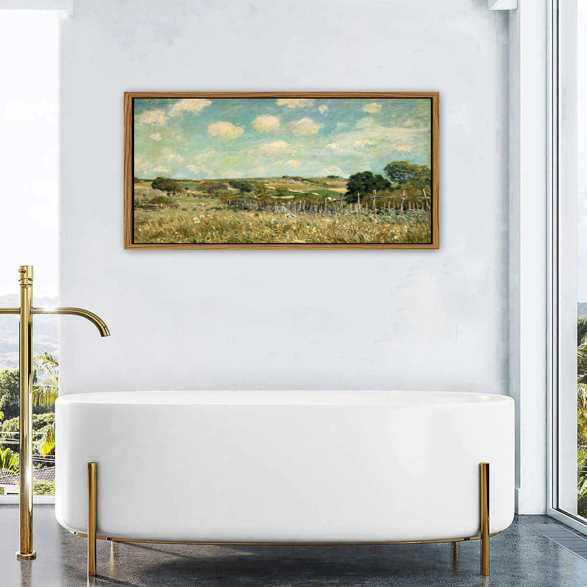 Rustic Grassland Wall Art Canvas Wooden Framed Vintage Green Forest Pictures Wall Decor Countryside Wildflower Landscape Painting Prints Abstract Artwork for Living Room Bedroom Home Decoration 24x48 (24"L x 48"W / Country)