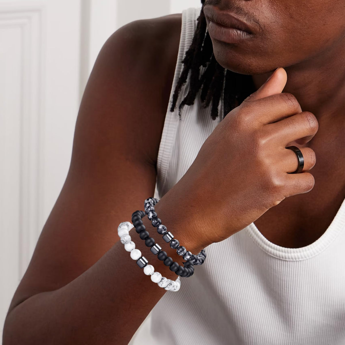 Tiger Eye Bracelet For Men 8MM Natural Stone Beads Bracelet Set Stretch Lava Rock Bracelets Adjustable Black Crystal Beaded Bracelet for Men Women Gifts (4,lava rock,black,gray,white bracelet)
