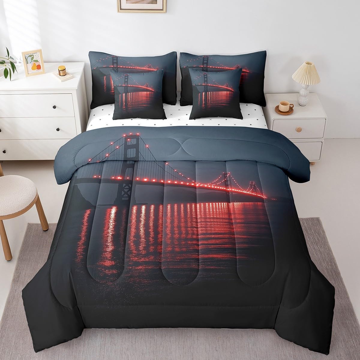 Golden Gate Bridge Comforter Set with Sheets King Size Kids Nightscape 7 Piece Bedding Set All Season Teens City Scenery Bed in A Bag Breathable Soft Lightweight Black and Red Room Decor (Dull Black and Red / King)
