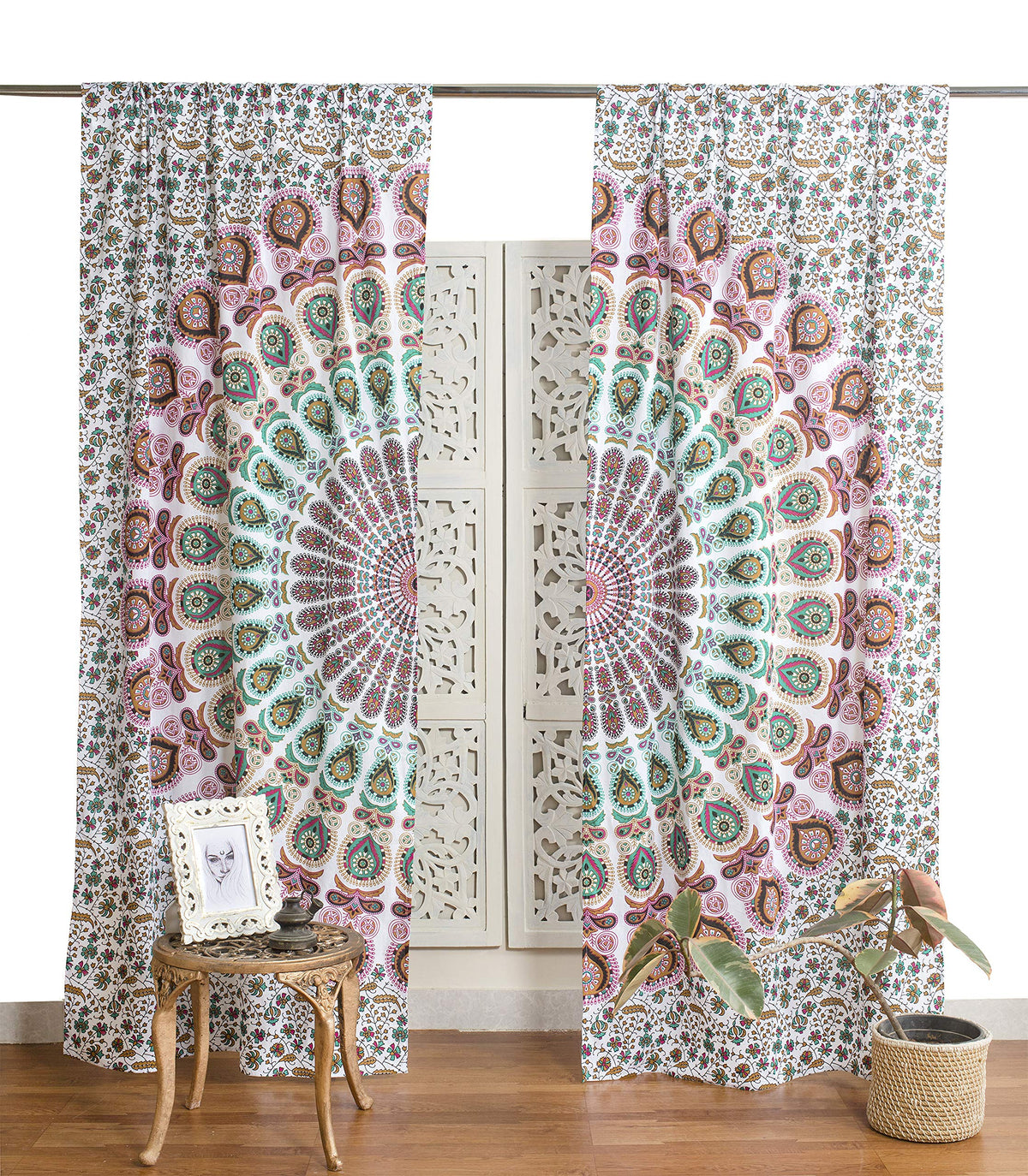 Indian Hippie Bohemian Beautiful Peacock Mandala Curtain Panels White Multicolor (White Multicolor / 38"W x 83"L (Pack of 2))