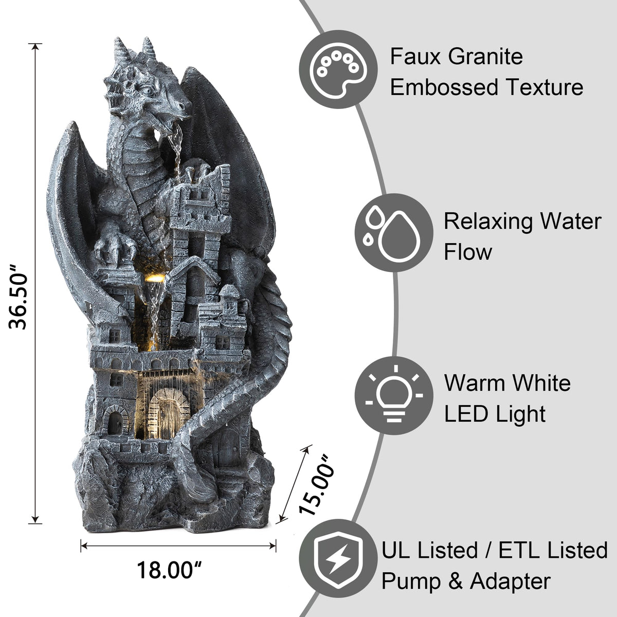 4 Tiered Cascading Outdoor Water Fountain for Garden Patio Yard Mystical Gothic Dragon Water Fountains Outdoor with LED Lights & Pump (Mystical Gothic Dragon Fountain / 36.5"H)