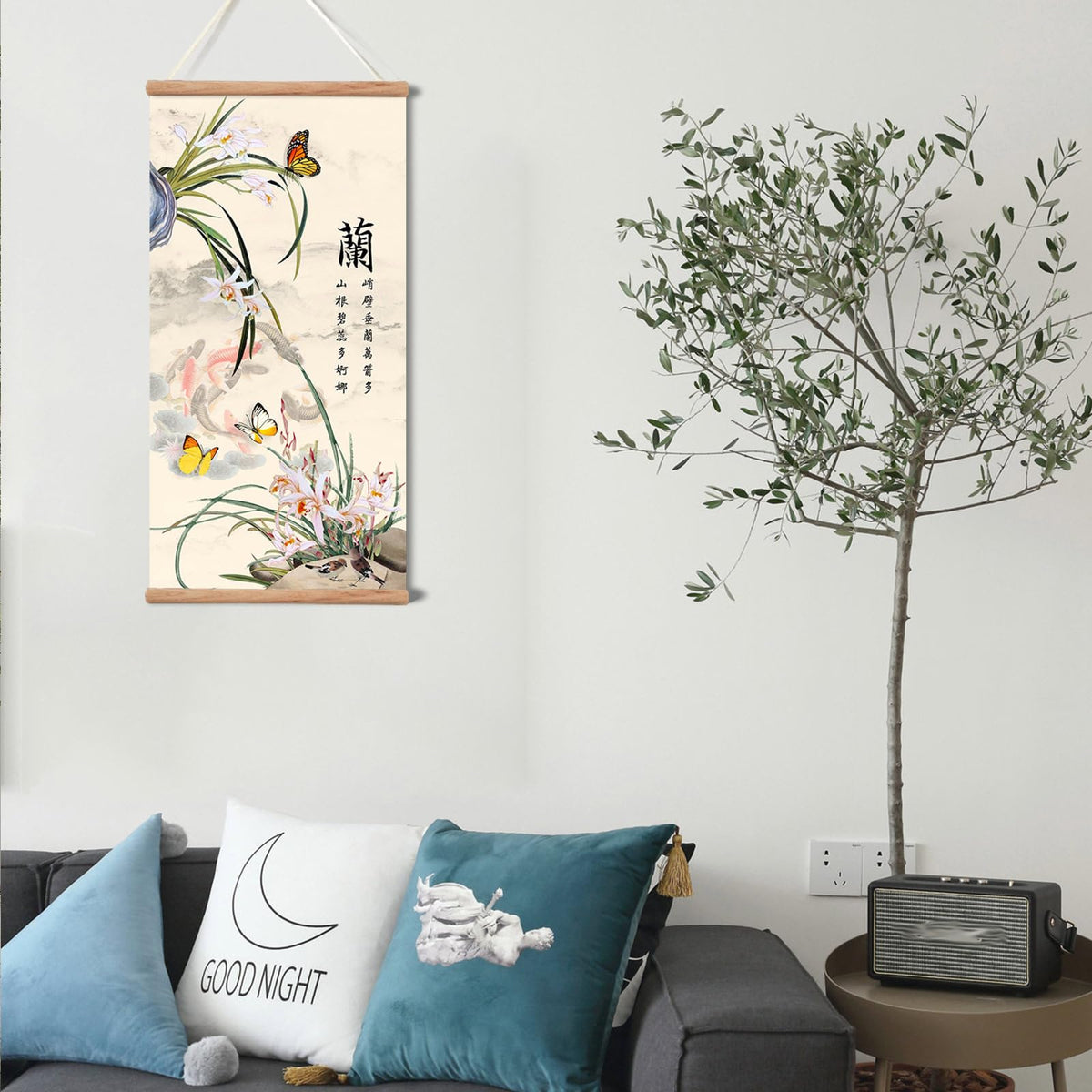 Plum Bossom Chrysanthemum Bamboo Orchid Painting (32"L x 16"W / Orchid)