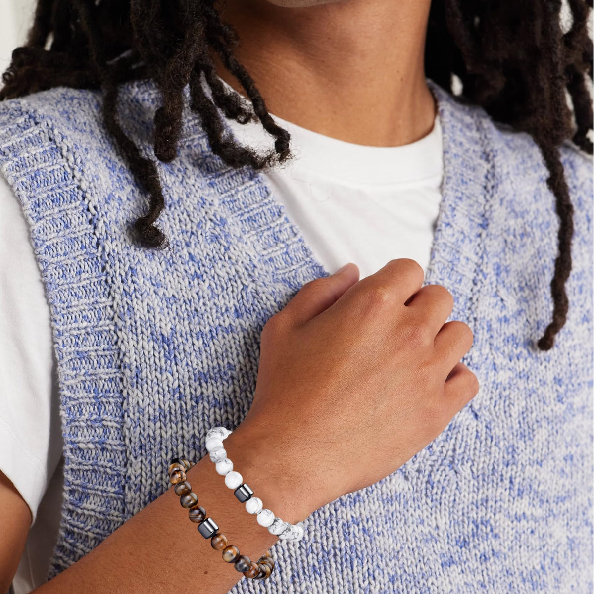 Mens Bracelets 8MM Natural Stone Beads Bracelet Set Stretch Adjustable Beaded Bracelets for Men (2,tiger eye,white bracelet)