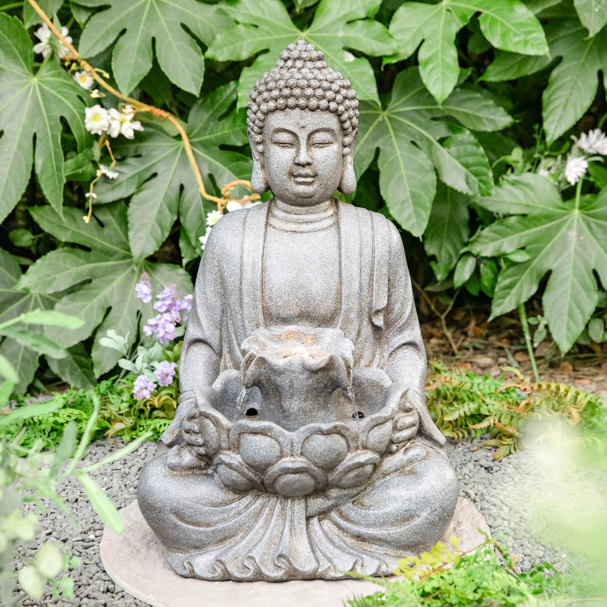Buddha Fountain Outdoor with Pump & LED Light 23.25" H (Concrete Buddha W/Lotus Leaf&flower Basins / 23.25"H)