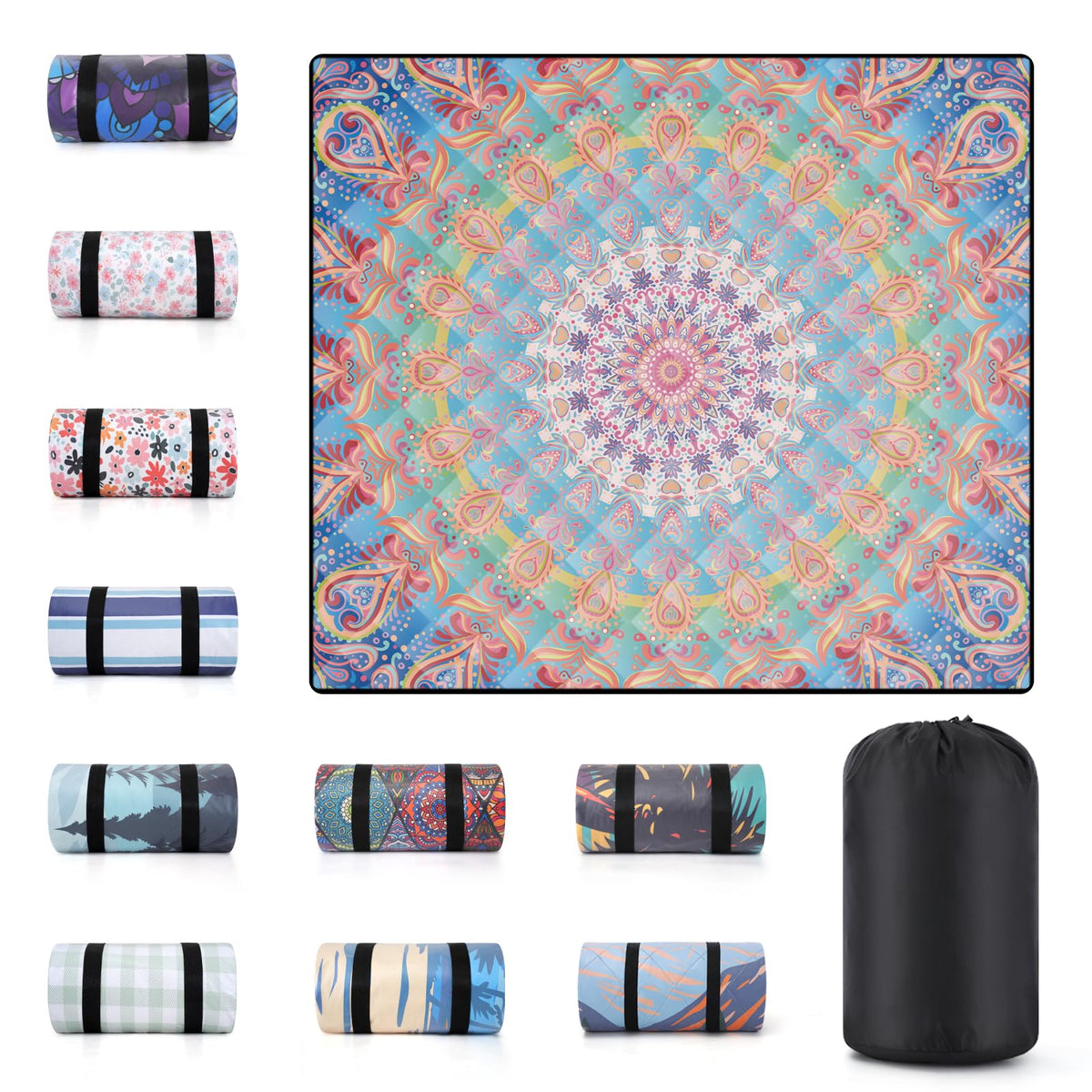 60x80 Extra Large Picnic Blankets Waterproof Sandproof Couple Outdoor Beach Blanket Foldable Grass Park Lawn Concert Mat Summer Camping Essentials Rv Travel Vacation Accessories Festival Gift (Colorful Bohemian / 6'8" x 5' (Rectangular))