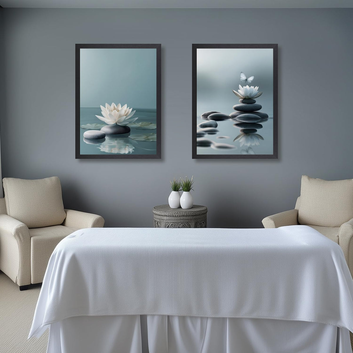 Wood Framed Lotus Flower Zen Stones Wall Art Set of 3 (Zen(Wood) / 16"L x 12"W)