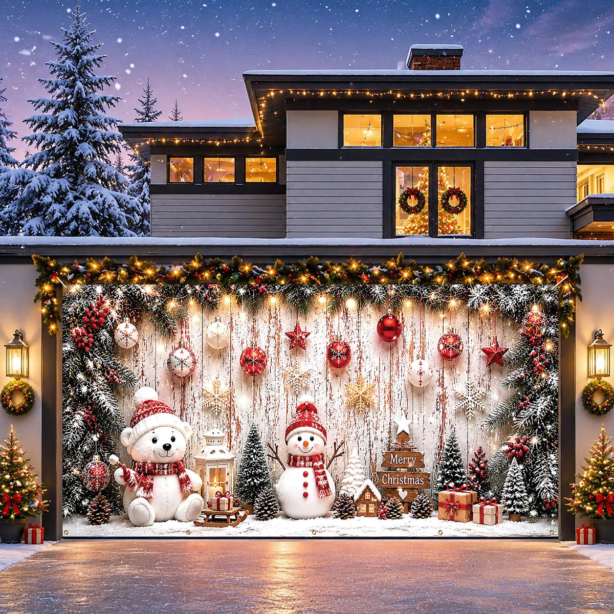Christmas Garage Door Cover Bear & Snowman Party Backdrop 6x13FT (Christmas Background)