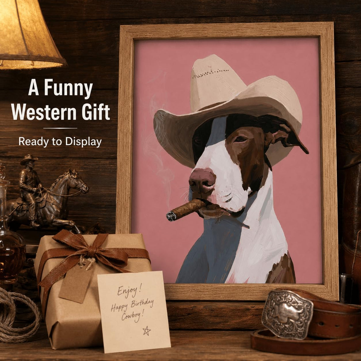 Vintage Cowboy Bull Terrier Framed Wall Art Funny Western Dog Decor (Smoking dog / 24"L x 16"W)