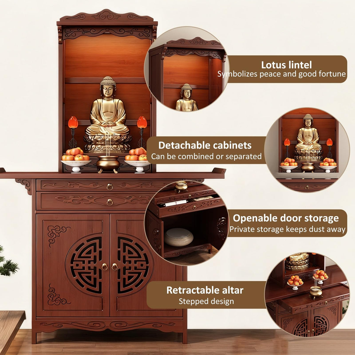 Personal Shrine Altar Table Buddhist Pooja Cabinet Altar Table Multifunctional Chinese Buddha Niche Chinese Cabinet with Drawers and Storage for Family Worship Use (47.24x15.75x74.8in)