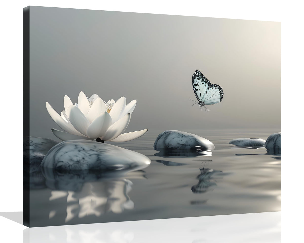 Zen Canvas Wall Art Zen Prints Lotus and Butterfly on Lake Pictures Zen Painting Zen Lotus Poster for Yoga Spa Meditation Spirit Room Wall Decor Framed 16X20 inch (20"L x 16"W / Zen Lotus Flower)