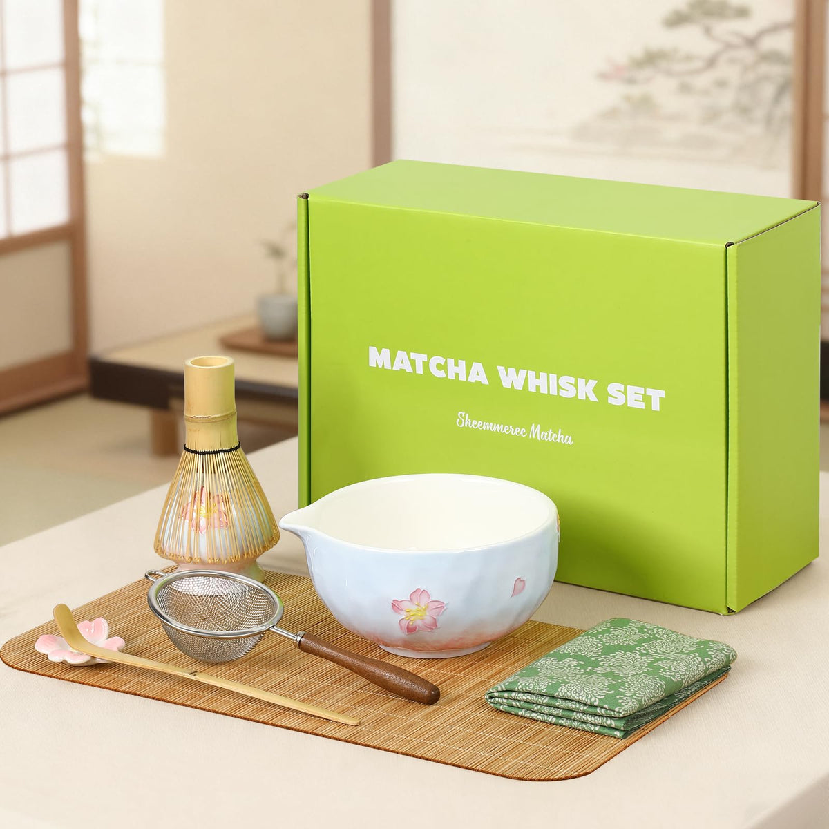 8 Piece Sakura Matcha Set with Pink & Blue Ceramic Bowl and Bamboo Whisk (blue & Pink)