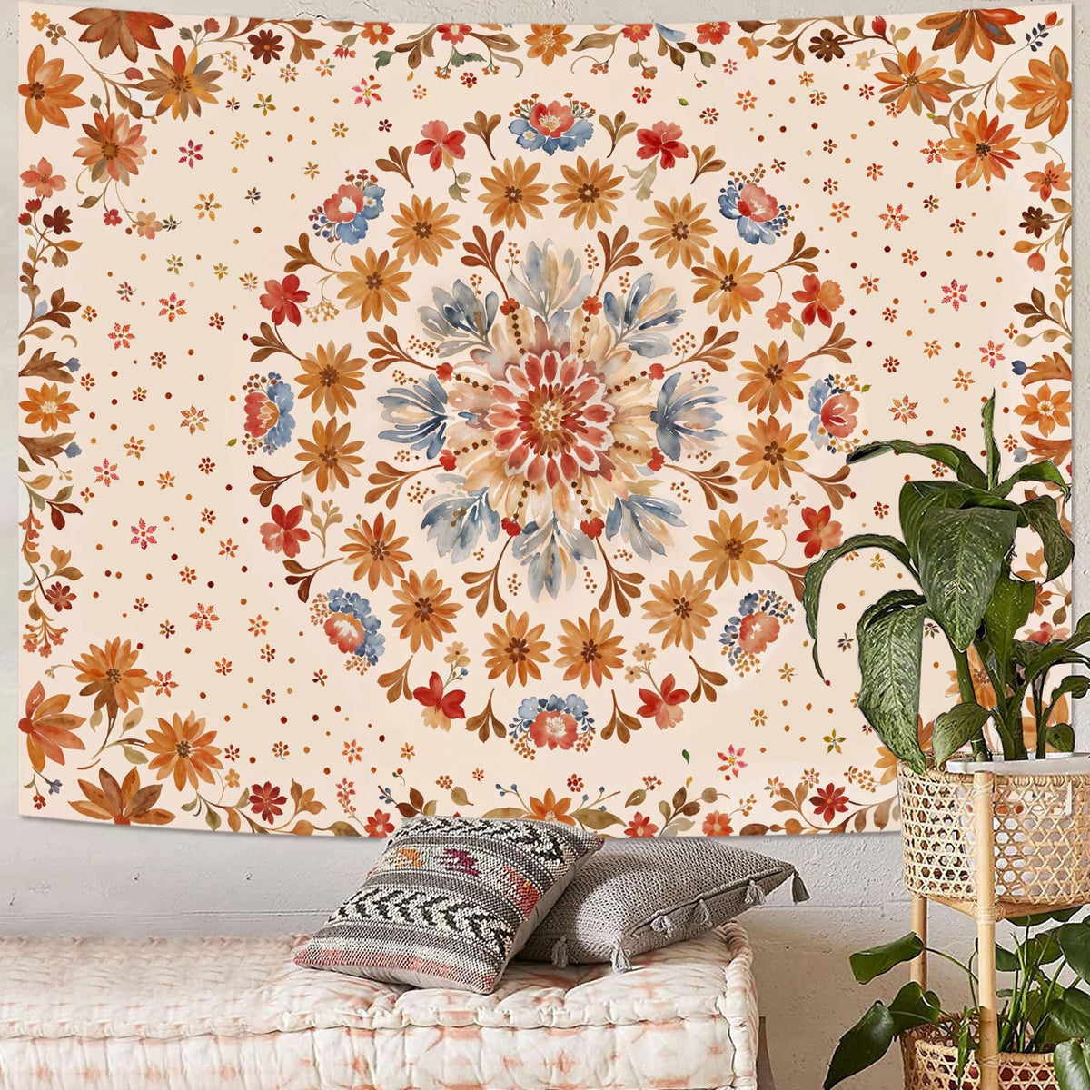 Boho Floral Mandala Tapestry Wall Hanging Watercolor Bohemian Flower Medallion Tapestry Aesthetic Beige Orange Hippie Indian Small Tapestries for Bedroom Living Room Dorm Decor 60 x 44 Inch (Beige Orange / 60"L x 44"W)