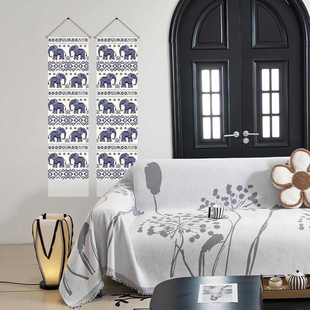 2Pcs Bohemian Elephant Long Vertical Tapestry (Blue-elephant)