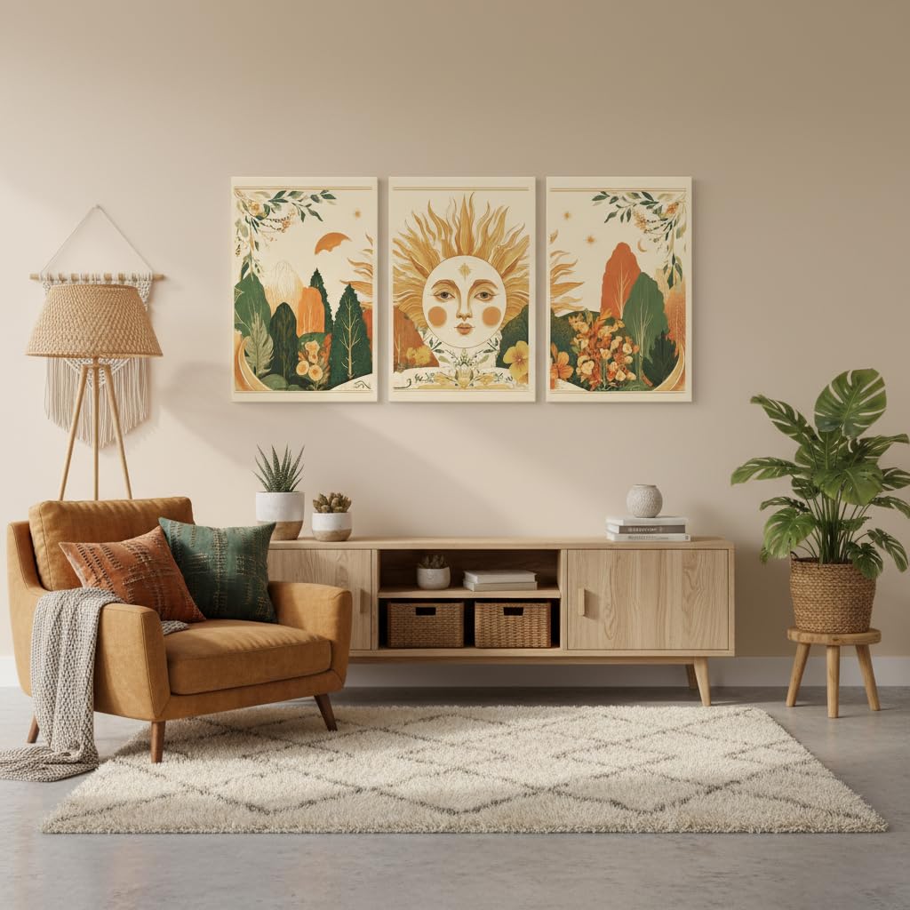 3Pcs Boho Sun Forest Canvas Wall Art (Sun / 16"L x 12"W)
