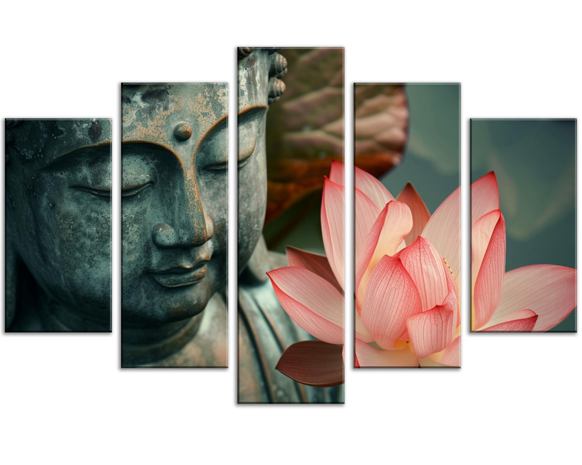 5Pcs Zen Buddha Lotus Flower Canvas Wall Art Spiritual Decor for Meditation Peaceful Home Decor Asian Cultural Symbolism Tranquil Art for Living Room Bedroom Office Ready to Hang (12"L x 24"W, 12"L x 32"W, 12"L x 40"W / 5PCS-Buddha)