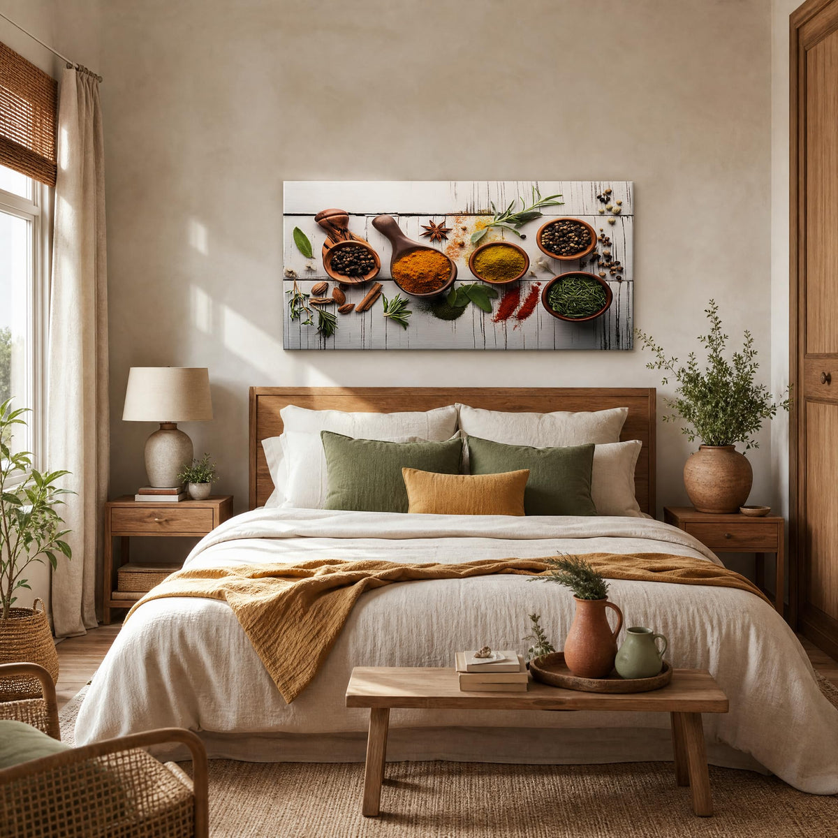 Vintage Culinary Spices Canvas Wall Art Turmeric Curry Herbs Painting Flat Print Gallery Wrapped Artwork for Living Room Bedroom Bathroom Decor (Retro / White Spice Arrangement 15 / 40"L x 20"W)