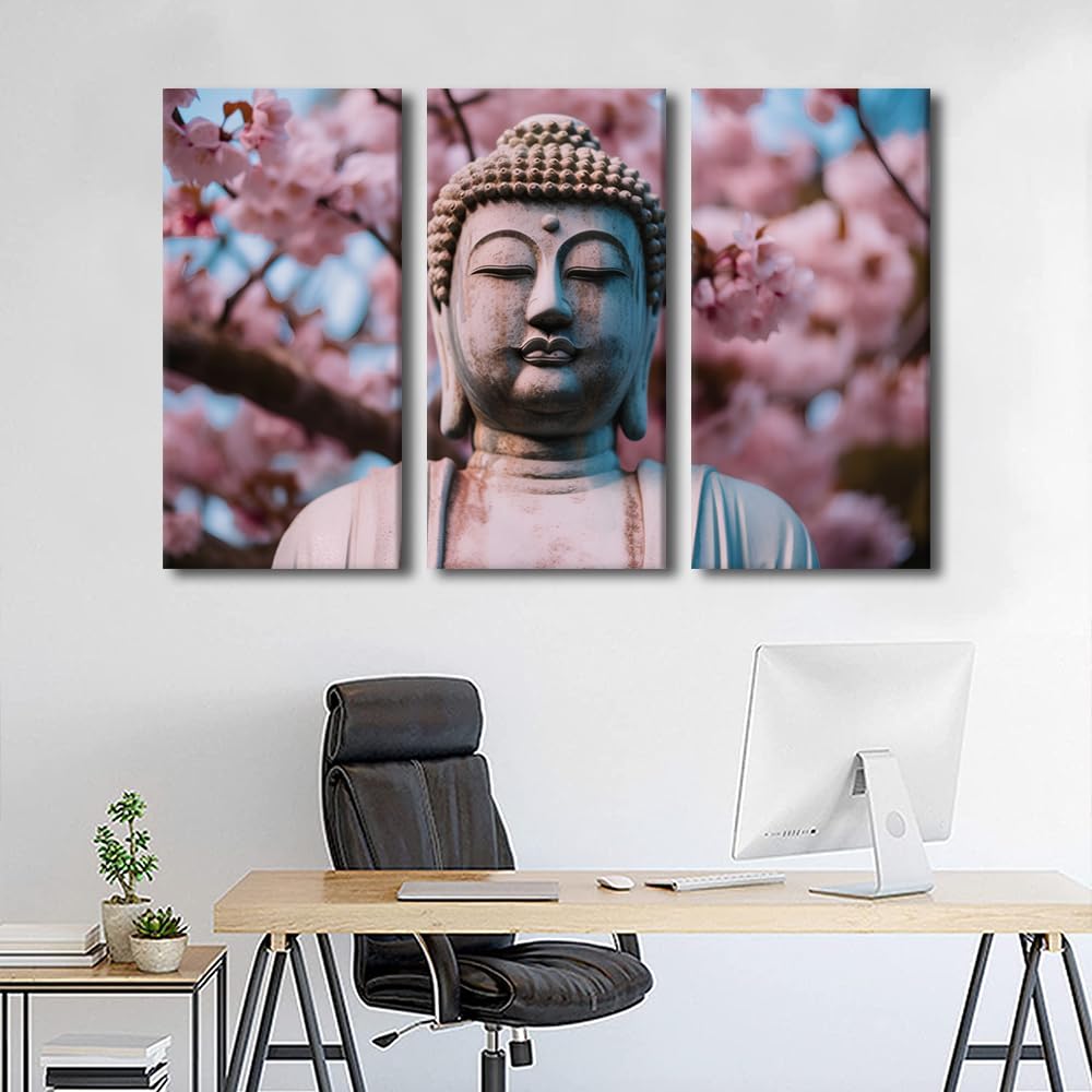Buddha Canvas Wall Art Modern Living Room Decor Buddha Statue Cherry Blossom Poster Prints on Canvas 3 Panel Bedroom Wall Art for Office Wall Decoration Stretched and Framed Ready to Hang 42x28 in (42x28 in / 3PANEL-13)