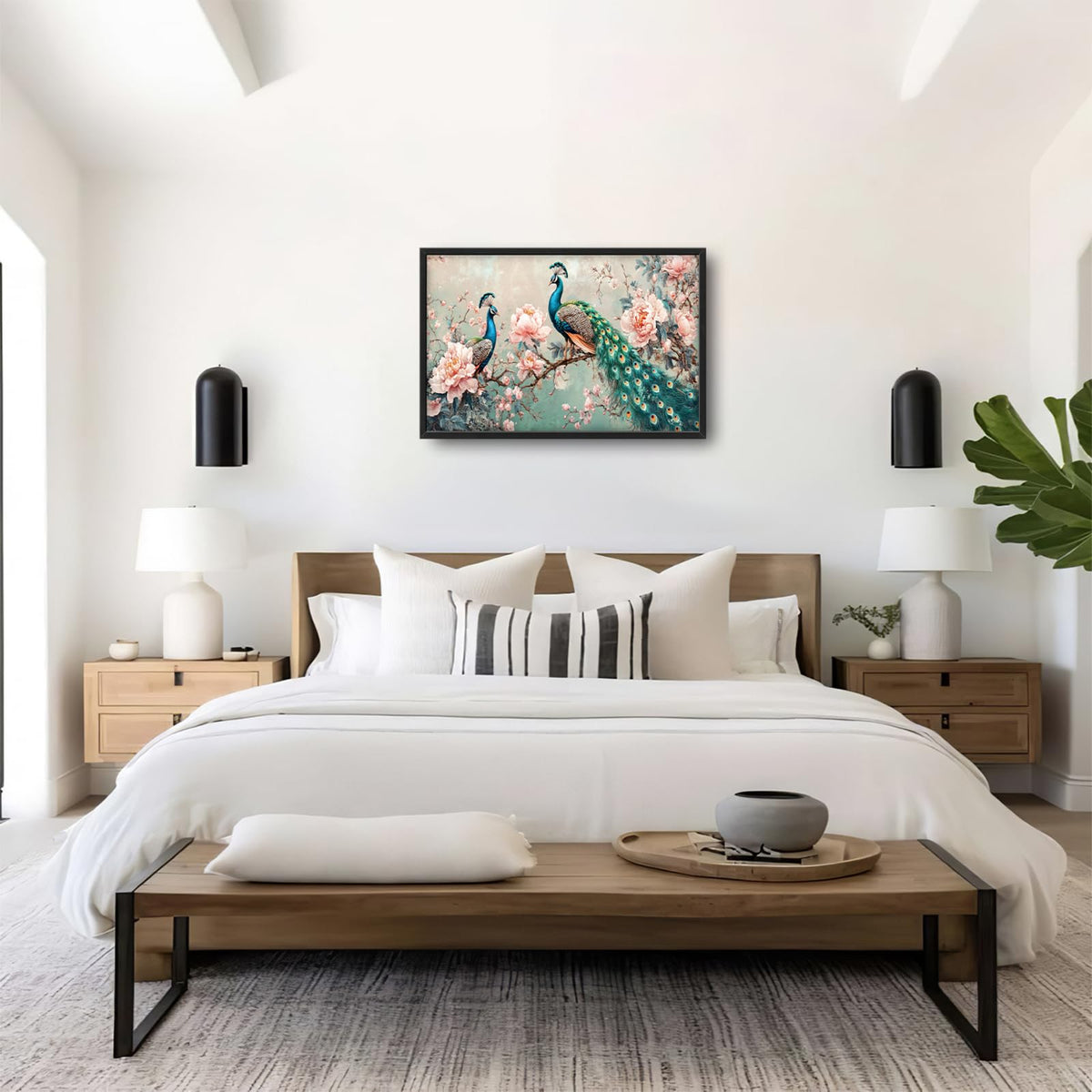 Peacock Large Wall Art Elegant Peacock Framed Wall Decor Canvas Pictures Painting for Living Room Bedroom Dining Room Women 24"x36" (Peacock Pink Floral / 36"L x 24"W)