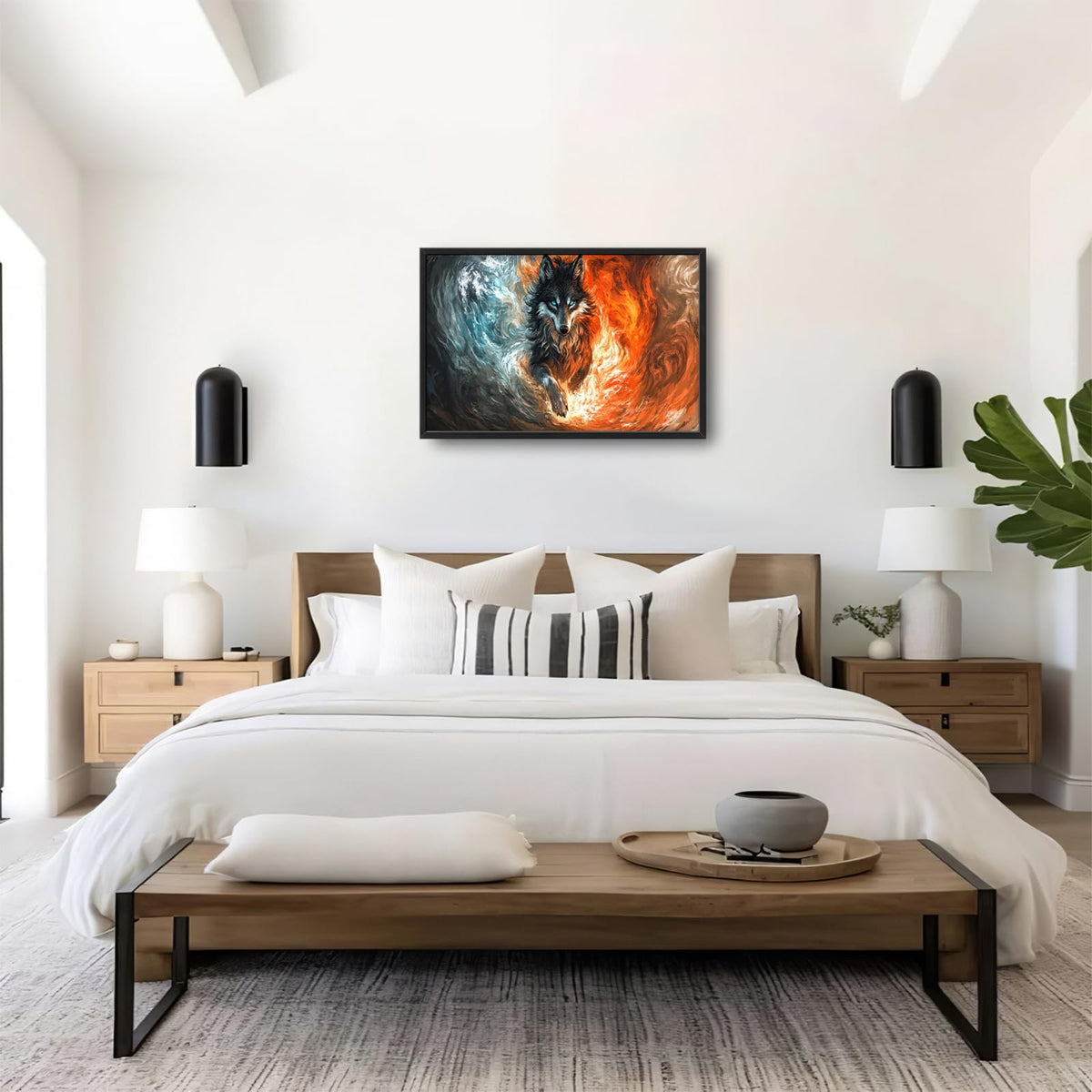 Wolf Large Wall Art Fire and Ice Wolf Framed Wall Decor Abstract Canvas Pictures Painting for Living Room Man Bedroom Bathroom 24"x36" (Fire and Ice Wolf / 36"L x 24"W)