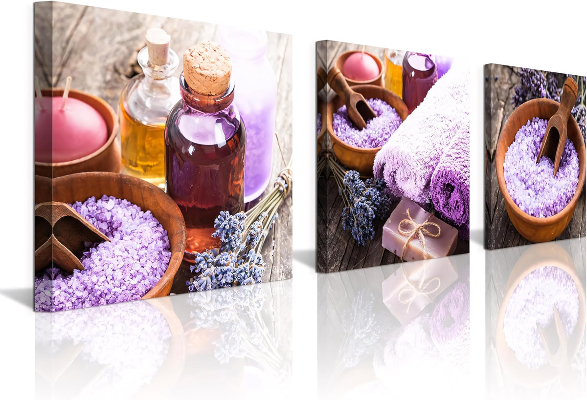 3Pcs Lavender Spa Canvas Wall Art Purple Bath Salts Essential Oil Bottles Still Life Prints Rustic Farmhouse Aromatherapy Decor for Bathroom Bedroom Spa Room Ready to Hang (14X14inchX3pcs / Purple Zen)