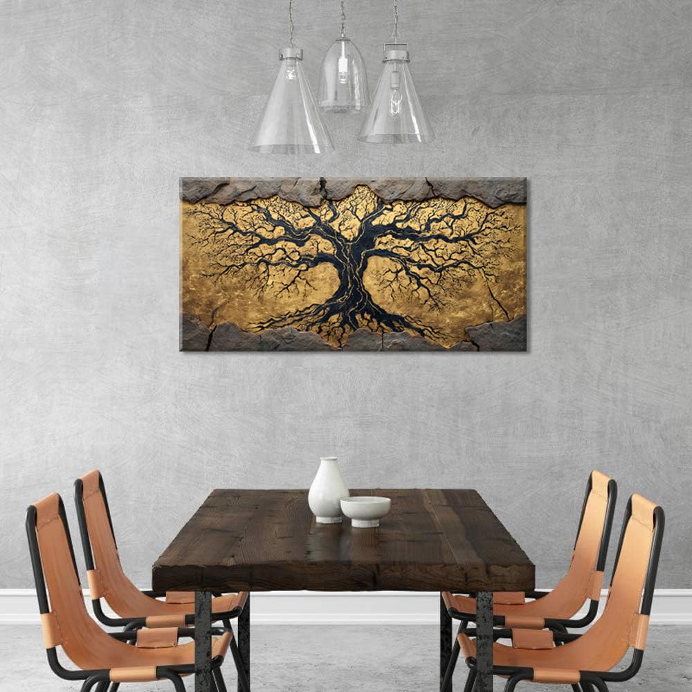 Ancient Relief of the Tree Wall Art for Living Room Office Gothic Rock Border Black Gold Tree of Life Painting Prints Mysterious Canvas Artwork Dining Bedroom Decor Large (Abstract / Ancient Relief Tree of Life Wall Art / 46"L x 23"W)
