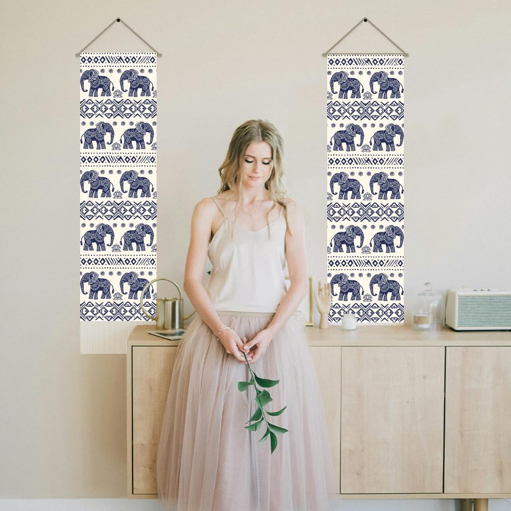 2Pcs Bohemian Elephant Long Vertical Tapestry (Blue-elephant)