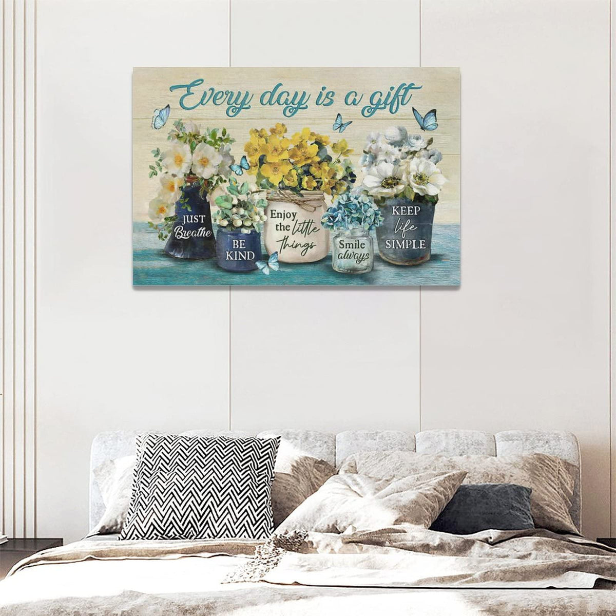 Farmhouse Bathroom Flower Decor Wall Art Every Day Is A Gift Butterfly Floral Inspirational Quotes Pictures Wall Decor Canvas Painting Prints Artwork Home Decorations Framed for Bedroom 24"x16" (Yellow Flower / 24"L x 16"W)