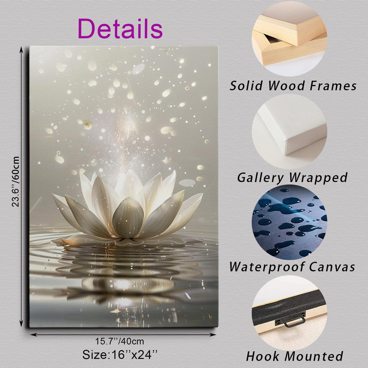 Zen Meditation Lotus Floral Canvas Wall Art Framed Plant Flower Picture Wall Decor Inspirational Prints Poster for Yoga Spa Living Room Bathroom Bedroom Home Artwork (Lotus Flower02 / 24"L x 16"W)