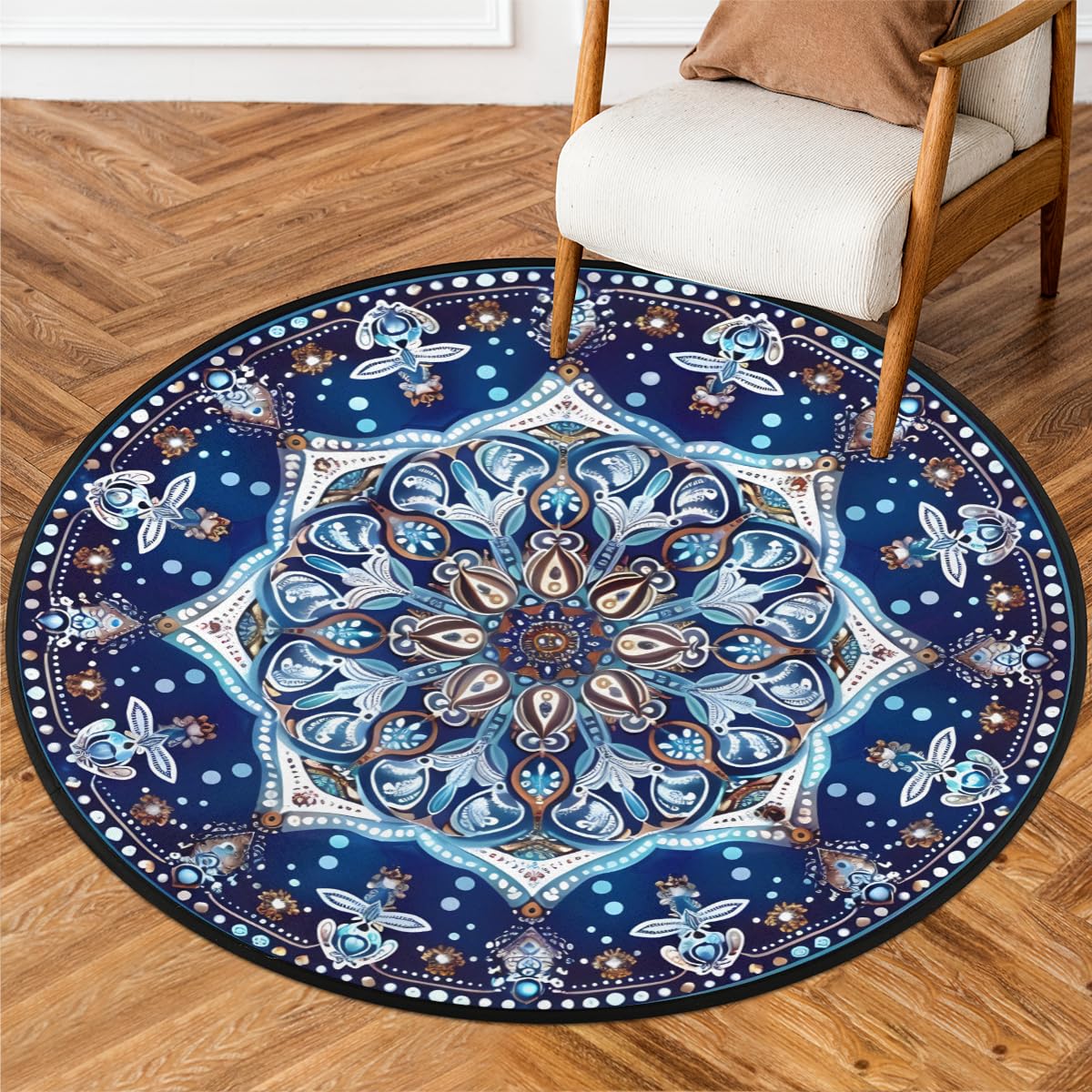 3 Ft Blue Mandala Round Rug Circle Area Rugs Circular Door Mat for Indoor (A:a-8 / 3'3" (Round))