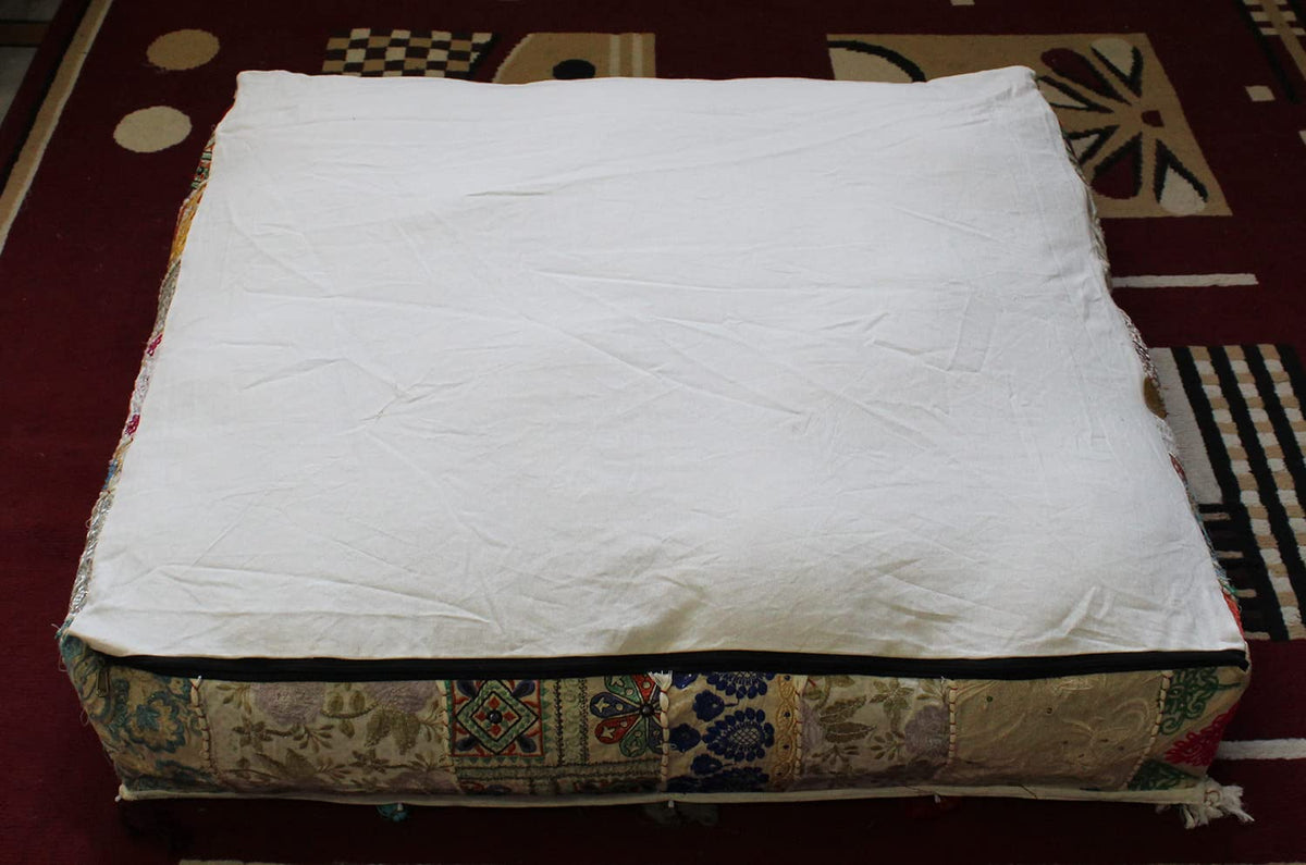 Indian Square Patchwork Traditional Pouf Cover Indian Living Room Poufs Decorative Embroidered Designer Ottoman Home Living Footstool Chair Cover Decor Pillow Cover 35 inches (35"D x 35"W x 5"H / Off White)