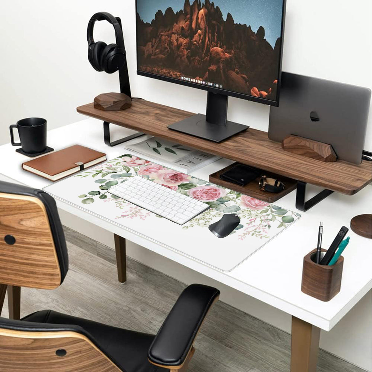 Desk Mat Peony Flowers and Eucalyptus Leaves Large Gaming Mouse Pad for Desk XXL (15.7" x 35.4" / Peony Flowers and Eucalyptus Leaves)