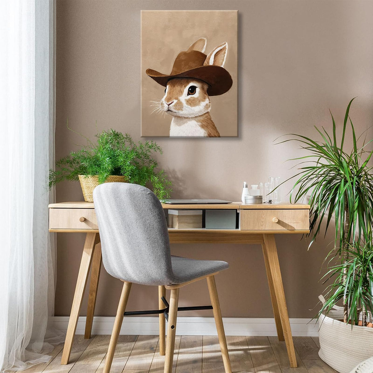 Bunny cowboy canvas wall art Brown western wall decor picture western nursery Poster Print Bunny Neutral Animal Painting Artwork for bathroom bedroom home decoration (Cowboy Bunny / 24"L x 16"W)