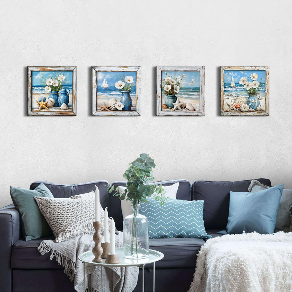 Coastal Wall Art Nautical Bathroom Decor Vintage Beach Theme Pictures Wall Art Vintage Beachy Paintings Canvas Prints Watercolor Flowers Posters Blue Seascape Framed Artwork Home Decorations 12x12” (12"L x 12"W / Beach)