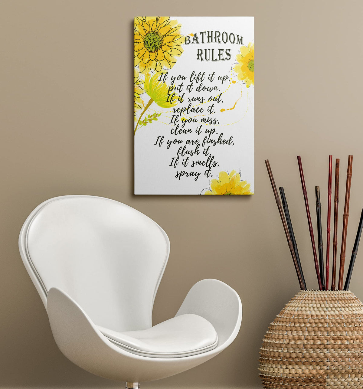 Framed Bathroom Rules Canvas Wall Art Yellow Floral Bath Decor 16x24 Inches (Bathroom Rules / 24"L x 16"W)