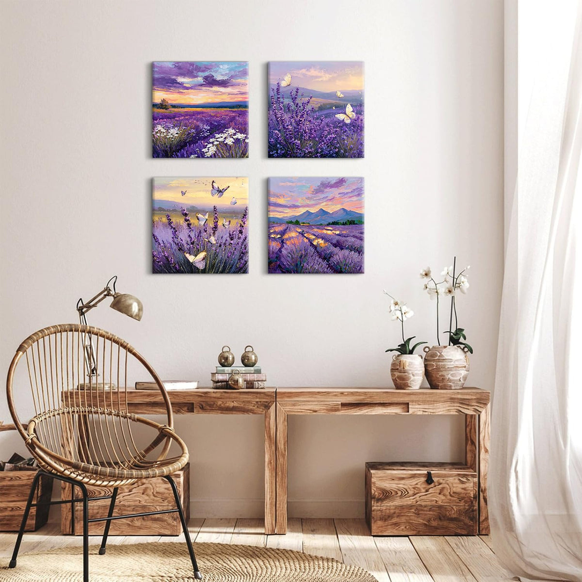 Purple Lavender Wall Art Bedroom Wall Decor Abstract Butterfly Scenery Pictures for Living Room Watercolor Sunset Forest Paintings Canvas Prints Mountain Posters Artwork Home Decoration 12x12” 4Pcs (12"L x 12"W / Butterfly03)