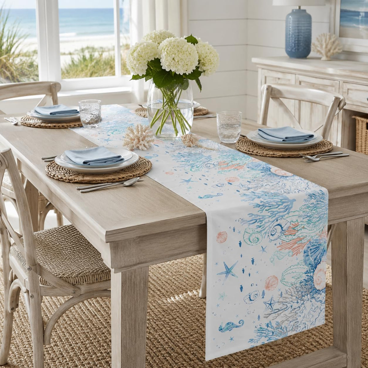Coastal Beach Table Runner (13x90inch / Ocean Blue & Coral)