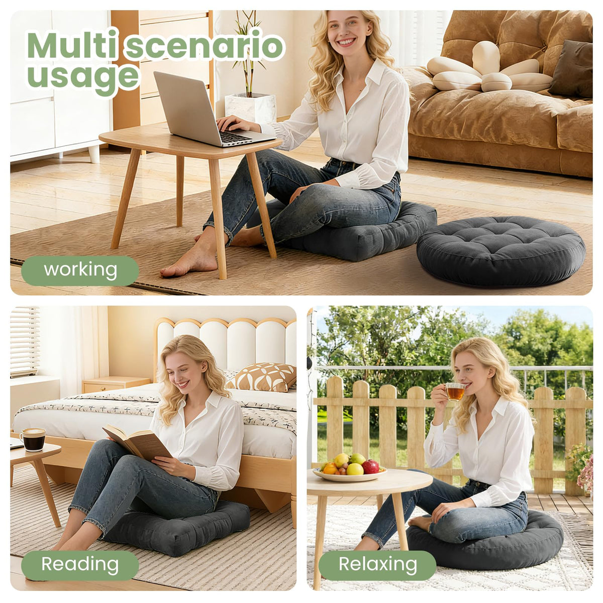 Floor Cushion Pillow Set of 2 Large Round and Square Floor Pillows for Adults Meditation Cushion Pillow Tufted Corduroy Cushions for Living Room Outdoor Yoga Tatami Fireplace (Grey)