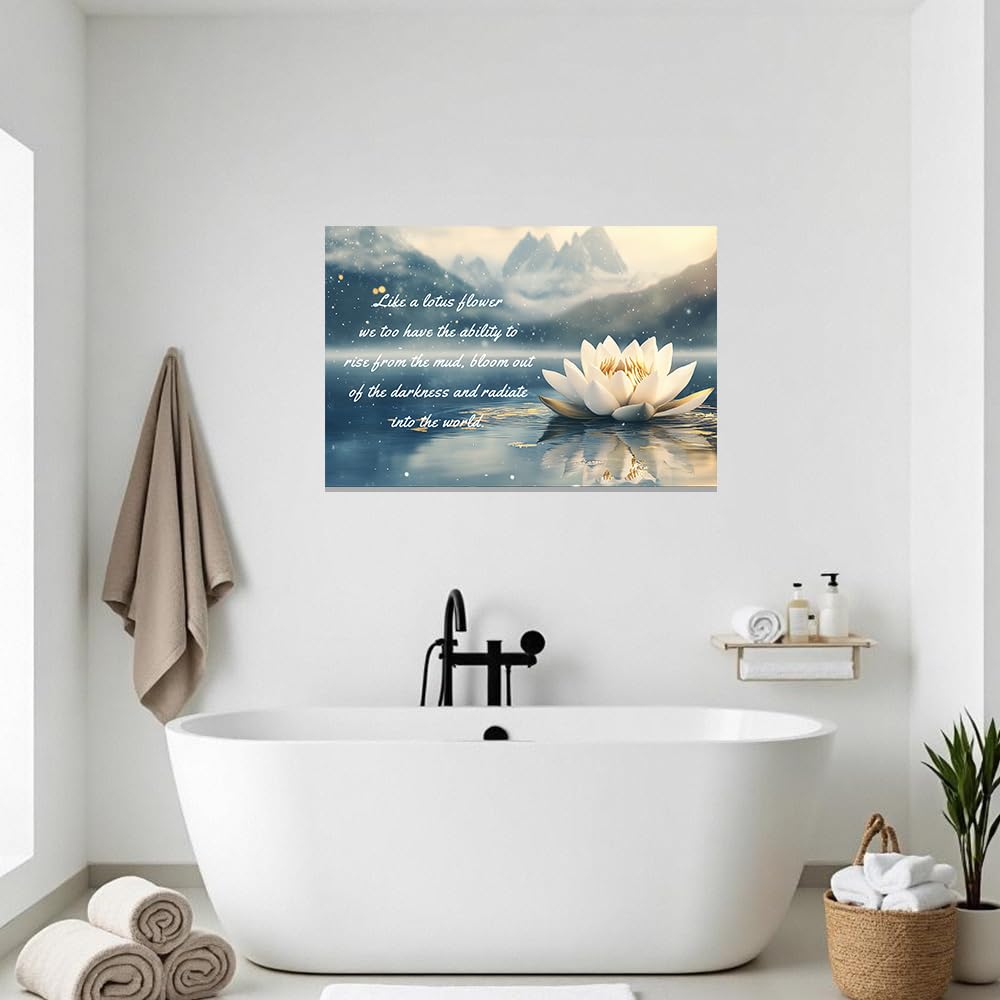 White Lotus Flower Wall Art Lotus Motivational Quotes Zen Decor for Bathroom Yoga Office Flower on Water Pictures Spa Canvas Prints Framed (White / 28" x 42")
