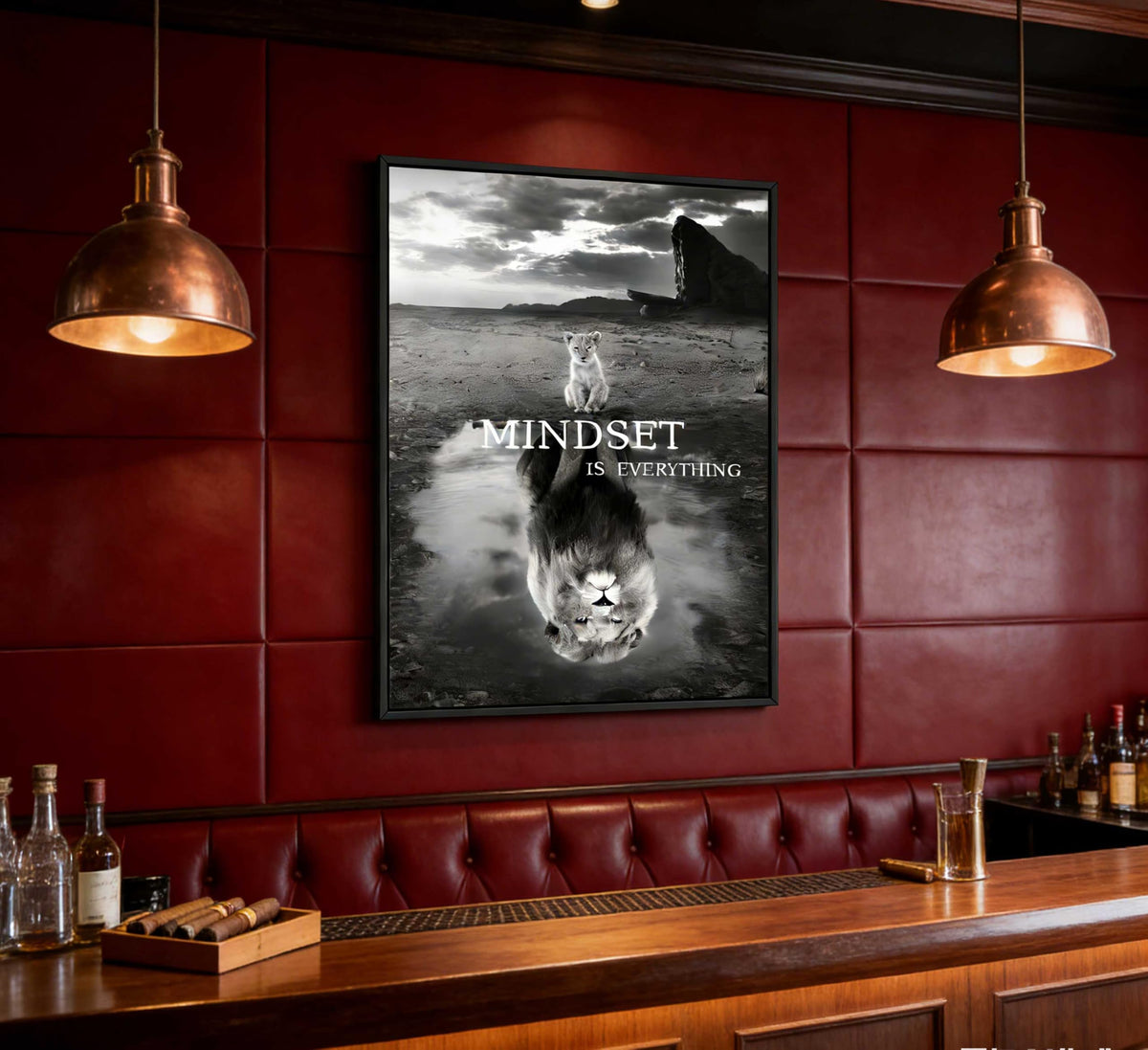 Framed Inspirational Lion Canvas Wall Art Mindset is Everything Black and White Picture Motivational Poster Print for Office Bedroom Classroom Man Cave Home Decoration (Framed Lion / 24"L x 16"W)