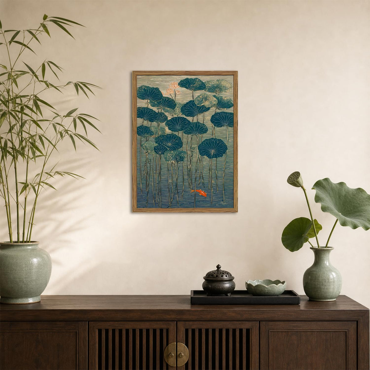 Koi Fish Lotus Wall Art Vintage Japanese Zen Wall Decor Picture Red Koi Fish and Water Lily Canvas Painting Print for Bathroom Living Room Bedroom 12x16 inch Wood Framed (Animal-N / 16"L x 12"W)