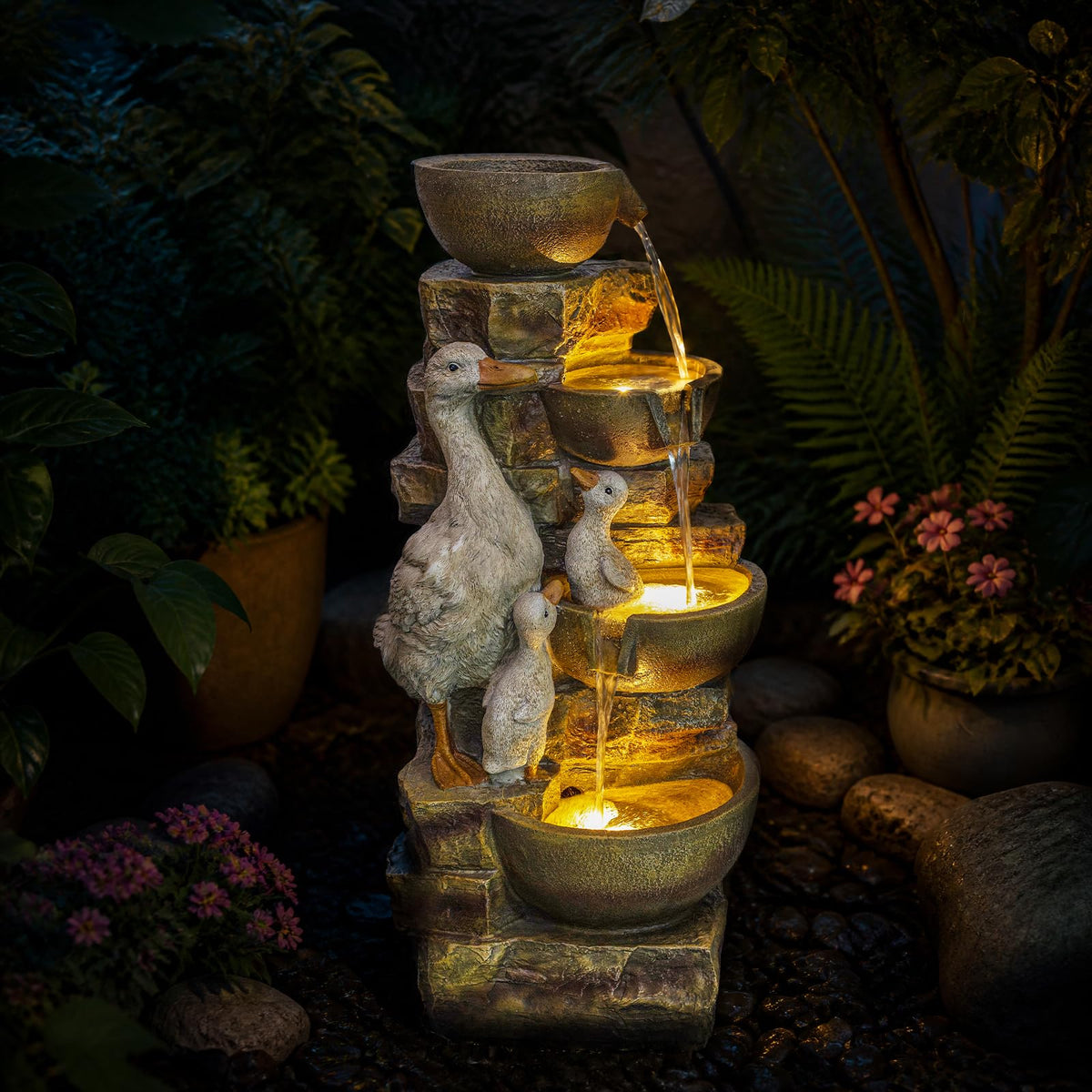 Duck Family Outdoor Water Fountain (Duck Family With Bowls)