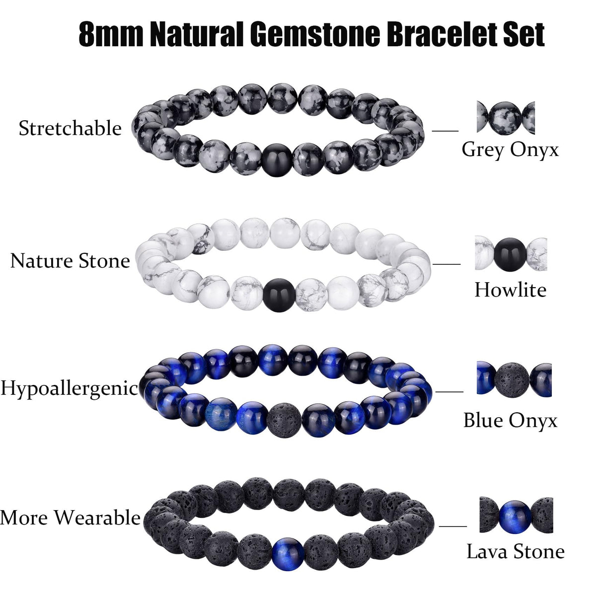 Mens Bracelets 8MM Natural Stone Beads Bracelet Set Stretch Adjustable Beaded Bracelets for Men (4,white,blue)